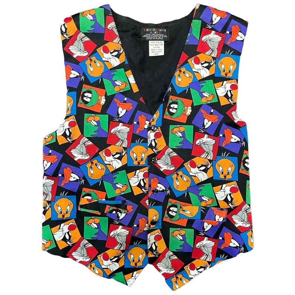 1993 Looney Tunes Mania Vest Silk Button Front Warner Bros Size S/M VINTAGE